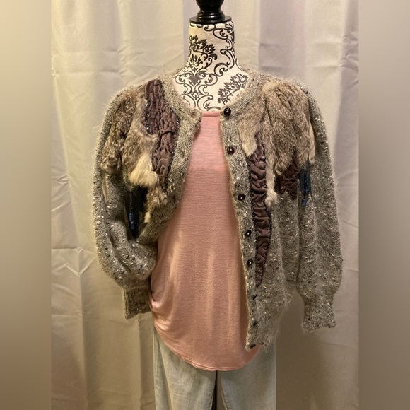 Vintage SWEATER Wool ~ Buttoned (M) Cardigan ~ multi/media/lapis lazuli/fur - Picture 5 of 16